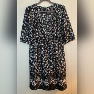 Apostrophe Dress Womens 10 Black White Floral Print Knee Length 3/4 Sleeve